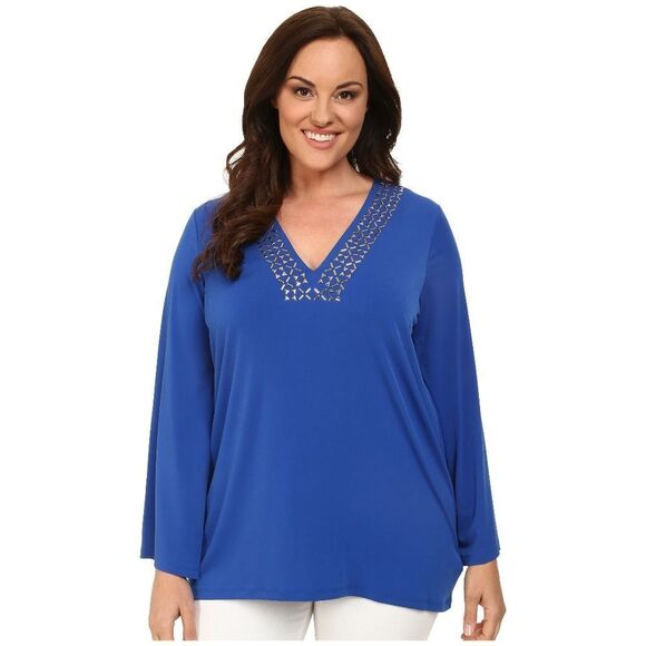 New! MICHAEL KORS Embellished Neckline Plus Size Tunic Top Blouse Blue Size 1X - Picture 1 of 5